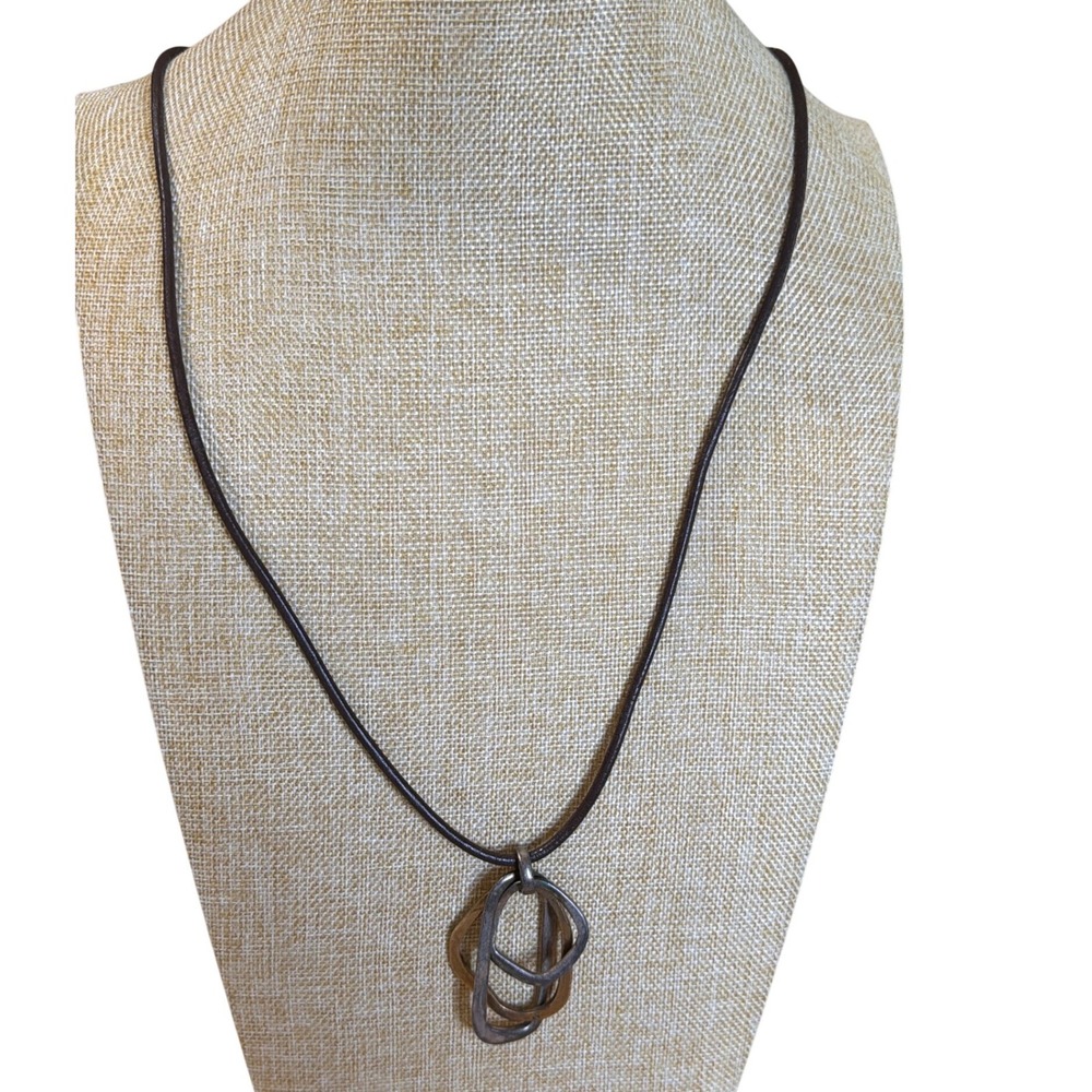 Artisan Mixed Metal Interlocking Rings‎ Cord Necklace Silver Brass Tone Boho